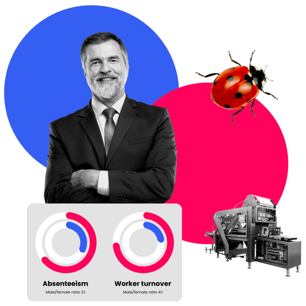 Business professional with charts displaying absenteeism and worker turnover ratios, and manufacturing equipment against a graphic background.