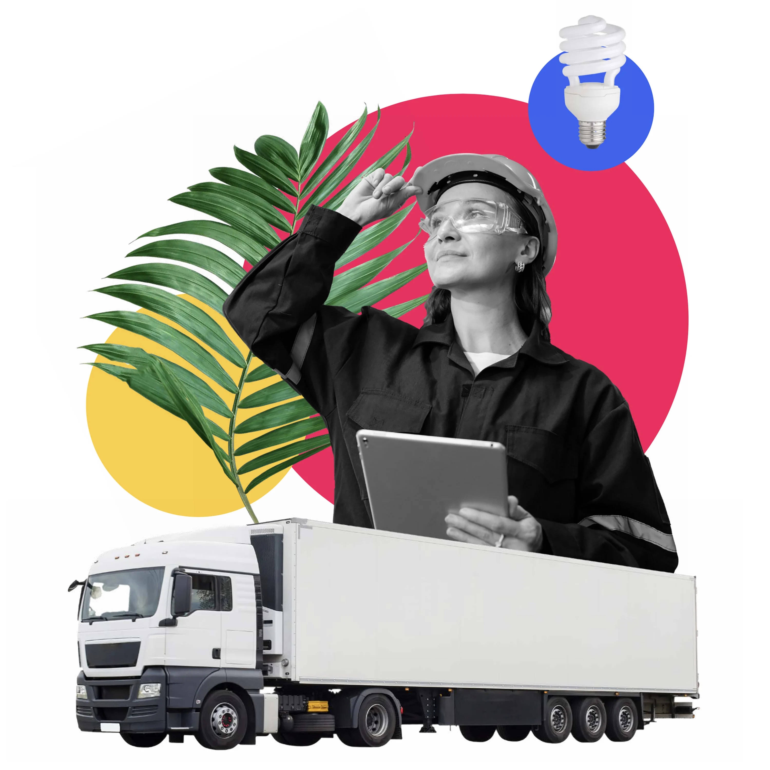 Sustainable supply chain management illustration showing a logistics inspector, transport truck, eco-friendly green leaf, and lightbulb icon.