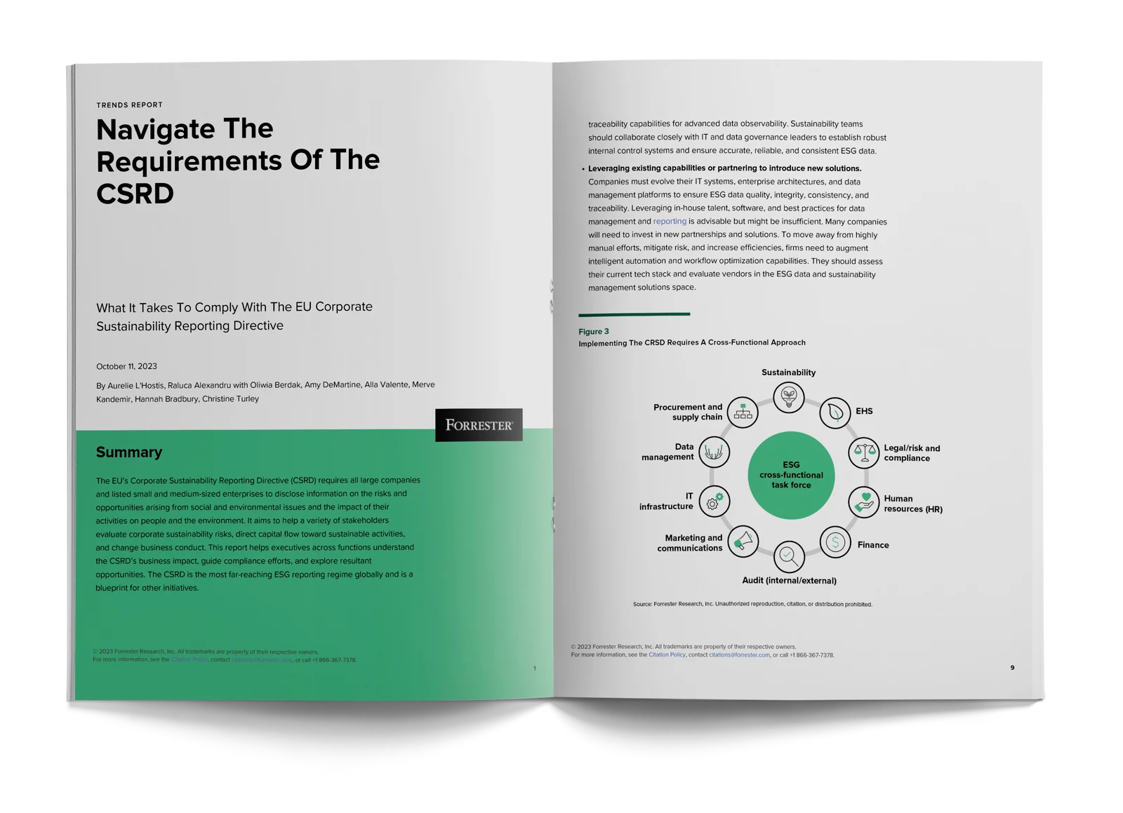 Forrester’s “Navigate The Requirements Of The CSRD” report, open to the summary and a cross-functional compliance diagram.