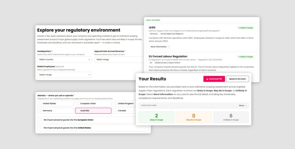 Capturas de pantalla con cuadros de texto, números y opciones de opción múltiple de la herramienta Regulatory Navigator de Sedex