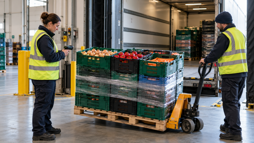 Operai del magazzino che scansionano e spostano un pallet di casse di prodotti freschi da un camion di consegna presso una catena di rifornimento alimentare