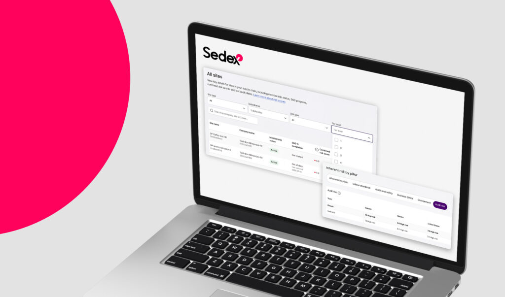 Screenshots showing rows of information and data filters on the Sedex Platform