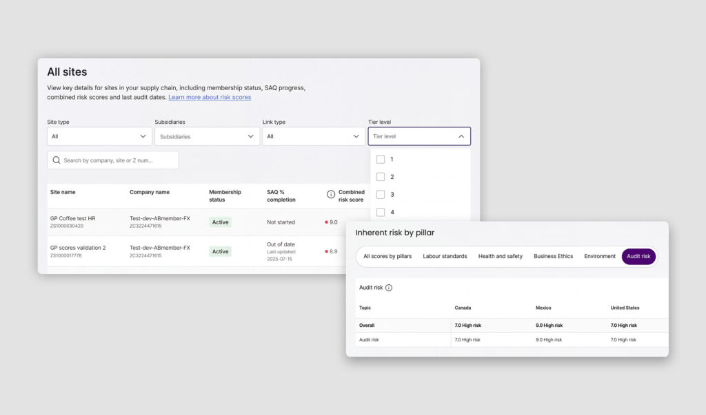 Screenshots showing rows of information about supply chain facilities, reflecting a user's view on the Sedex Platform.
