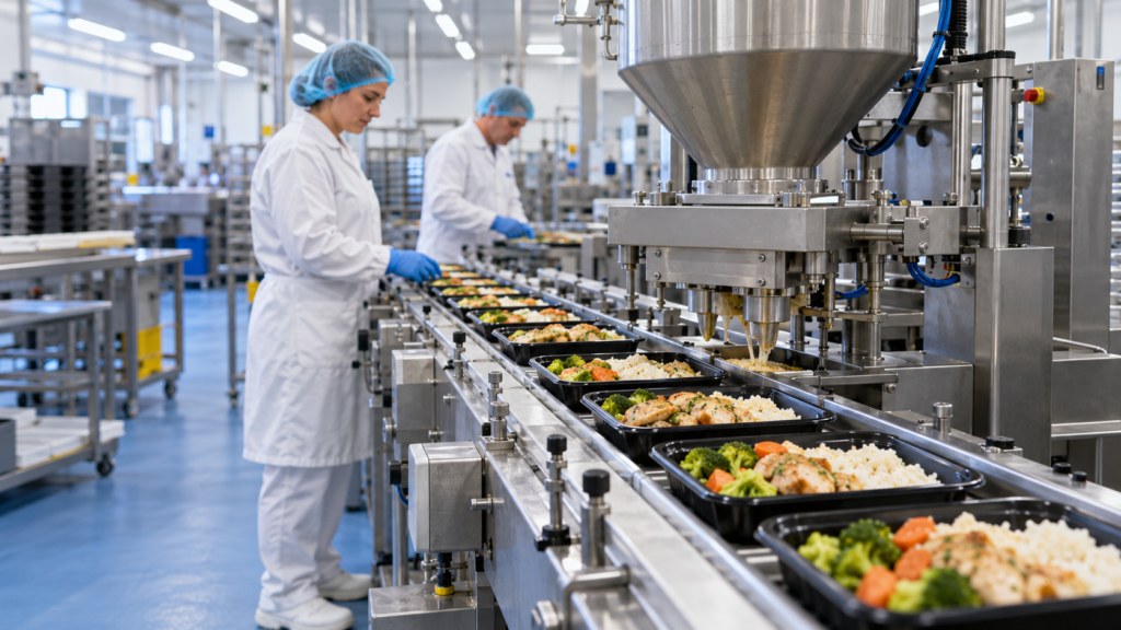 Lavoratori dell'abbigliamento per l'igiene che supervisionano una linea automatizzata di produzione di pasti pronti che riempiono i vassoi con pollo e riso