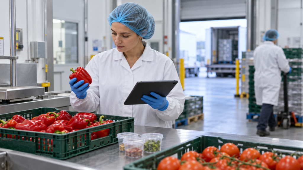 Tecnico della qualità alimentare che ispeziona i peperoni rossi e registra le informazioni dei fornitori su un tablet in uno stabilimento alimentare